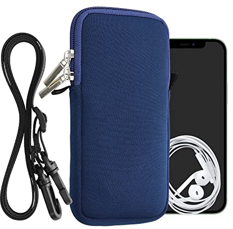 kwmobile Handytasche für Smartphones XXL - 7 - Neopren Handy Hülle Dunkelblau mit Kordel - Handy Tasche mit Handykette 17,7 x 8,5 cm Innenmaße