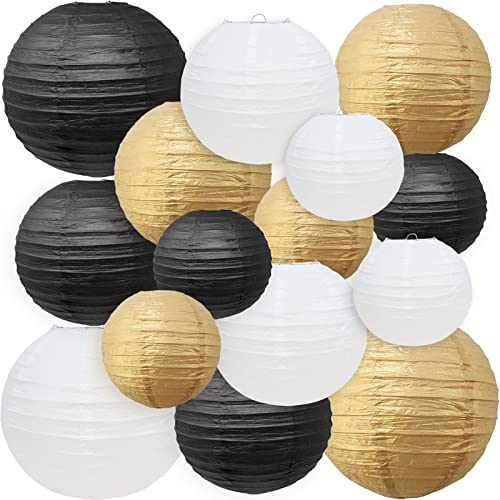 Lanternes en Papier - 15 Pièces Lampion Papier Boule Ronde Lampes en pour Mariages, Anniversaires, Fêtes et Événements - Assortiment de Tailles (6, 8, 10 - Noir, Blanc, Or)