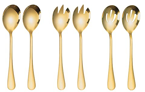 ARFUKA 6 Stück Salatbesteck Set - Salatlöffel und Gabel aus Edelstahl - Salatgabel, Servierlöffel, Salatzange - Spülmaschinengeeignet - Gold