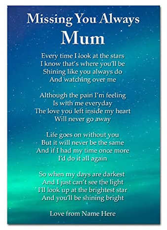 Personalised Missing You Always Mum Memorial Card Funeral Graveside Poem & Stake F533, 148mm x 105mm, Multicoloured