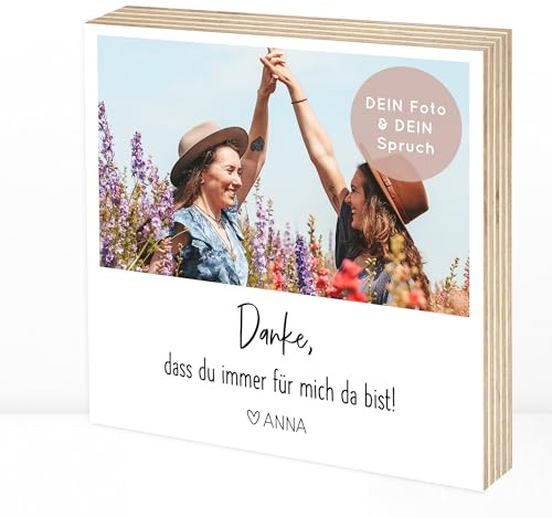 Wunderpixel DEIN Foto mit DEINEM Text auf Holz Holzbild - Danke-schön - persönlich personalisiert individuell - 15x15x2cm Fotodruck auf Holz - Wand-Bild Aufsteller als Deko oder Geschenk-Idee