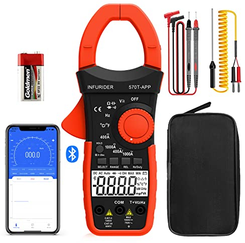 Bluetooth Stromzange AC DC 1000A,INFURIDER Digital Clamp Meter TRMS 4000 Counts Auto Range Strommessgerät Zangenmultimeter, Wireless Zangenamperemeter Messt Spannung, Kapazität, Ohm, Hz,Temperatur