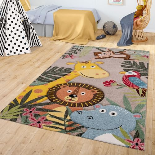 TT Home Tappeto Bambini Chicco Tappeto Stanza Bambini Moderno Motivo Con Animale Giungla, Colore:Verde Beige Marrone, Dimensione:120x170 cm