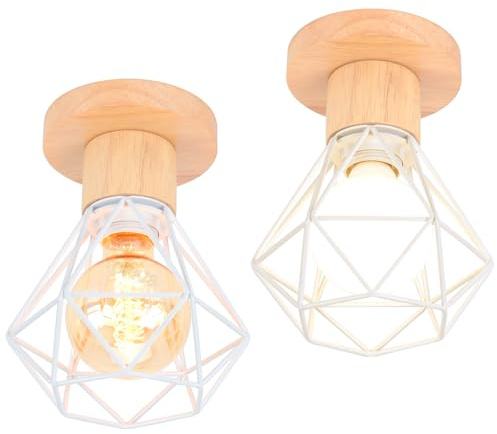 TOKIUS Deckenlampe, 16CM Vintage Deckenleuchte im Industrial Design Retro E27 Lampe aus Holz Eisen Käfig Pendelleuchte Weiß (2 Stücke)