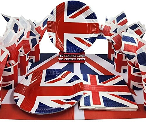 32 Person Party Set Union Jack Plates Cups Napkins Tablecloth King Charles III VE day 2026 anniversary