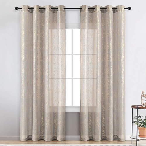 TERLYTEX Grey Gold Sheer Curtains for Living Room, Metallic Gold Foil Spray Spots Printed Grey Sheer Curtains 84 Inch Long, Grommet Privacy Sheer Window Curtains 2 Panels Set, 52 x 84 Inch, Gold Grey