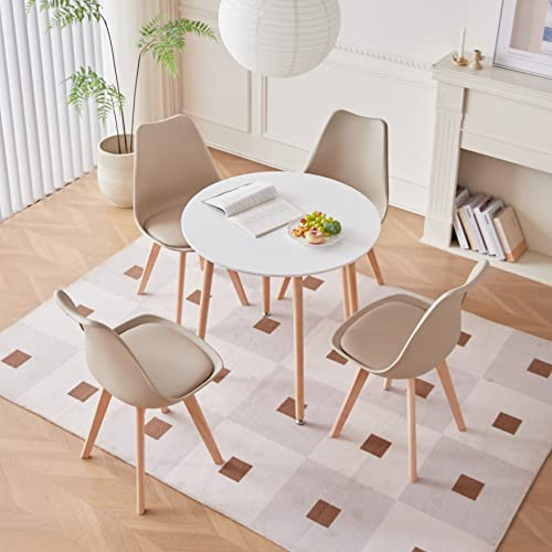 GrandCA HOME Esstisch und 4 Esszimmerstühle, Modernes Esszimmer-Set, Runder Desktop-Tisch mit Spleißstruktur und Küchenstühle in Khaki