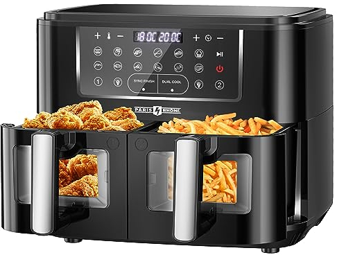 PARIS RHÔNE Heißluftfritteuse Dual Zone 9.5L, XXL Heissluftfritteuse Doppelkammer mit Sichtfenster, 12-in-1 Air Fryer, Frittieren mit heißer Luft ohne Öl Spülmaschinenfest, Airfryer Energieeinsparung