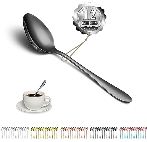 Kyraton Schwarze Teelöffel 12 Stück 14 cm Edelstahl Kaffeelöffel mit schwarzer Titanbeschichtung, Dessertlöffel, Eislöffel, Löffel Besteck