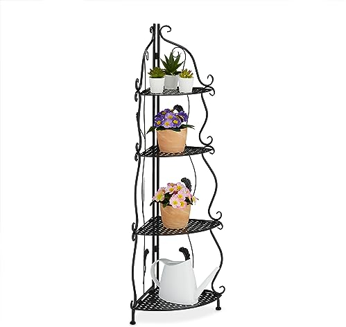 Relaxdays Scaffale Portafiori ad Angolo, Portavasi da Terra in Metallo con 4 Ripiani, 113 x 30 x 30 cm, Vintage, Nero, Acciaio