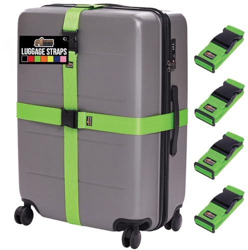 GORILLA GRIP Heavy Duty 4 Pack Adjustable Luggage Straps for Suitcases, Easy to Identify Travel Belt Connector Holds Suitcase Together, Extends Life of Bag, Strap Connects Two Bags, Accessories Green