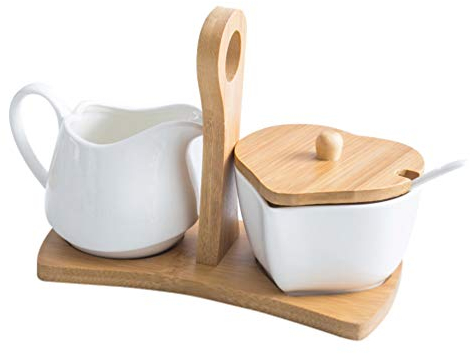 Ensemble sucrier et crème en céramique avec pichet à sucre, édulcorant et porte-paquet en céramique pour thé/café avec support en bois et cuillère