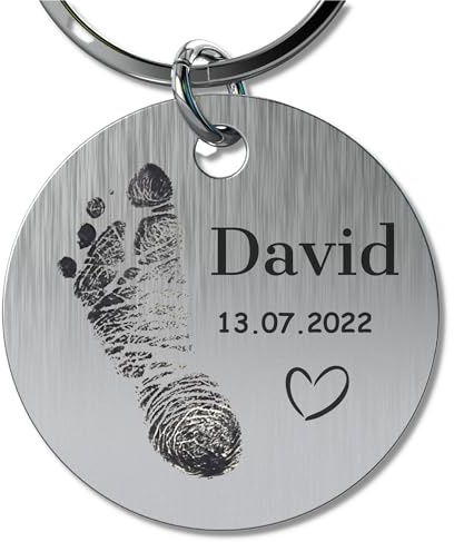 Schlüsselanhänger mit Gravur | Baby Anhänger mit Geburtsdaten, eigener Fußabdruck, Handabdruck, Namen | Schlüsselanhänger personalisiert | Personalisierte Geschenke Kinder | Familien-Geschenk