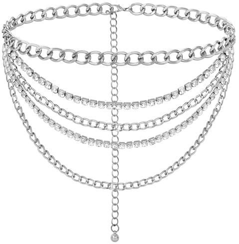 FIORETTO Chain Belt for Women Fashion Multilayer Rhinestone Belts Metal Waist Chain Crystal Sparkly Chunky Link Belts for Dress Silver Length 39