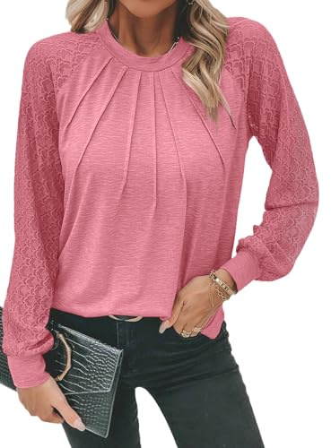 Chicrise Manches Longues Blouse Femme Dentelle Tunique Femme 2024 Automne Rose XL 46-48
