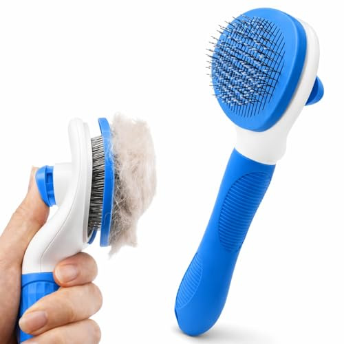 Petola Dog & Cat Hair Brush with Easy Clean Push Button - Pet Grooming Massage Brush for Cats & Dogs with Soft Grip, Beaded Bristles