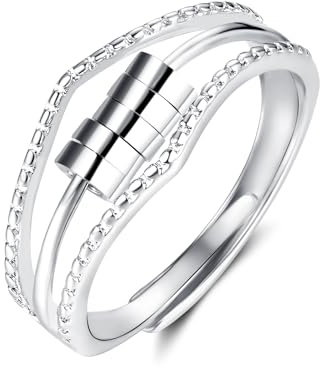 Glintara Ångestring, silver, öppen justerbar anti-stressring, 925 sterlingsilver stressring, oändlighet spring fidgetring, anti-ångest dekompressionsring med pärlor stämningsring mot stress,