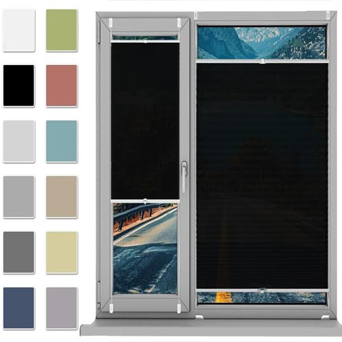 HUANQIN Plisseerollo Faltrollo Plissee Ohne Bohren 32 x 100 cm, Nach Maß Qualität Ohne Bohren, Plissee Ohne Bohren Verdunklung Klemmfix, Plisseerollo Rollo Jalousie, für Fenster & Tür, Schwarz