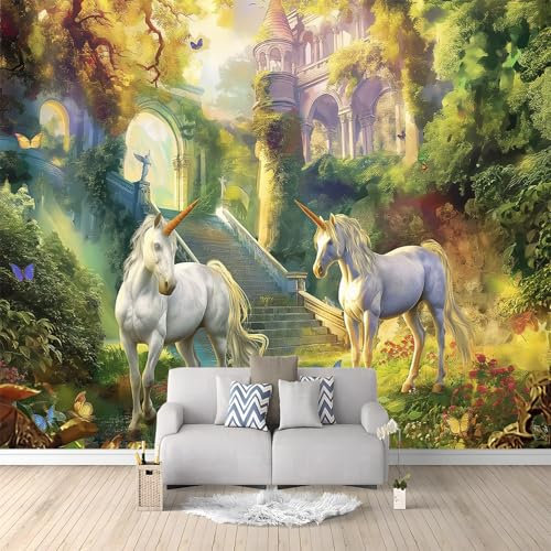 Fototapete Vlies Tapete Tiere Einhorn Wald Schloss 200x140 cm 3D Effekt Wandbild Vlies Wandtapete Moderne Wohnzimmer Mural Schlafzimmer Kinderzimmer TV Hintergrund Wand Motivtapeten