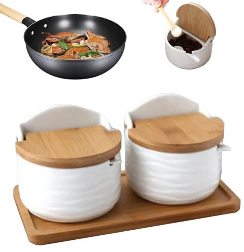 Genérico 2 recipientes para sal de cocina, salero de cerámica con cuchara y tapa de madera | Caja de condimentos, tarro de almacenamiento de condimentos, azúcar Ja, soporte de sal para encimera