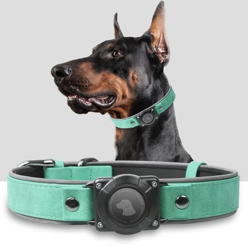 AirTag Hundehalsband, Leder, mit Airtag-Halterung, IPX8, wasserdicht, reflektierend, hochwertig, verstellbar, weich gepolstert, GPS-Tracker-Halsbänder, passend für mittelgroße und große Hunde