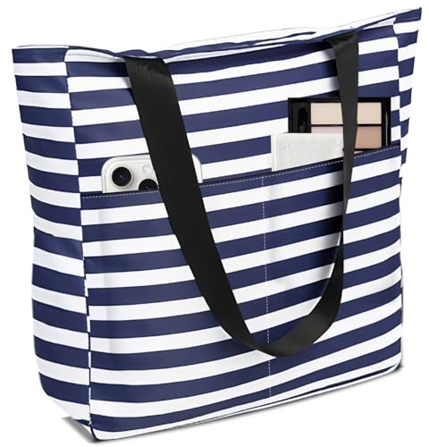 LEKEFETO Grande borsa da spiaggia con cerniera: borsa da bagno impermeabile, borsa a tracolla pieghevole con più tasche, borsa da viaggio, per spiaggia, viaggi, vacanze, fitness, strisce blu navy