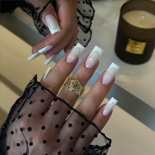 24Pcs Press on Nails Lang - Weiß Nägel Zum Aufkleben French - Quadratische Press on Nägel - Komfortabel Wiederverwendbar Full Cover Fingernägel Zum Aufkleben für Frauen Nails Art (White French)