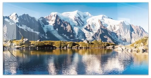 Küchenbild aus Acrylglas modernes Wandbild Glasbild Deko Küche XXL Bild wie Glas | 100x50cm Bergsee mit Mont Blanc – Natur, Panorama, Alpenlandschaft, Berge See