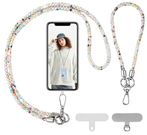 Glitzer Handykette Universal weiß, incl. Handykette Lang und Kurz Handgelenk schlaufen zum Umhängen, mit 2 Stück Universelles Patch, Glitzer Handyband Geeignet für alle Smartphones Mädchen Frau