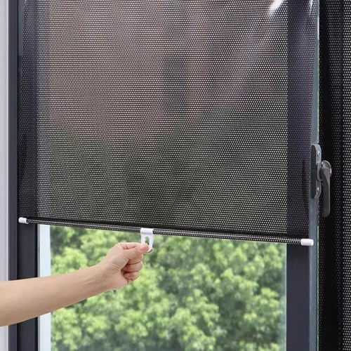 Suction Cup Roller Blind No Drilling,Required Balcony Window Portable Sun Shade Privacy Screen, Transparent Stickers Supplied Black Mesh Dot, for doors and windows,bedrooms and balconies