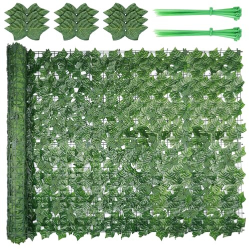 Artificial Ivy Fence Screening, 3m x 1m Artificial Hedge Screening, Privacy Fence Screen, Artificial Trellis Screening with 20 Replacement Leaves and Tie-Ties for Garden Balcony Outdoor Decor