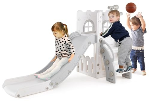 DREAMADE Toboggan Enfant, 6 en 1 Toboggan Intérieur Enfants, Charge Max. 50 KG, avec Panier de Basket, Télescope, Échelle d'escalade et Espace de Rangement (Gris & Blanc)