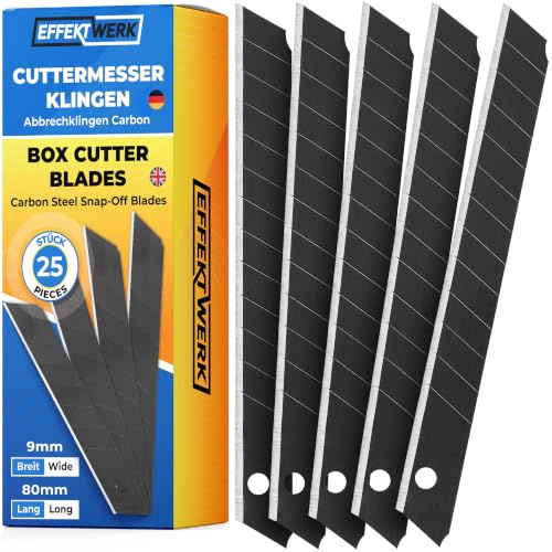 EffektWerk - Ensemble de lames de coupe de boîte - Noir, 25 Pack - Lames de remplacement de couteau utilitaire de 9 mm - Lames d'encliquetage en acier au carbone robuste