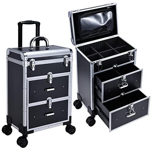 Makeup Trolley Vanity Case Makeup Case Beauty Trolley on Wheels with Drawers Hairdressing Trolley Make Up Storage Organiser Box Beauty Case with Removable Organiser Bag, Matt Black