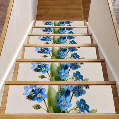 15 gradini per scale in legno, 20,3 x 76,2 cm, antiscivolo, per interni, per bambini, anziani e animali domestici, graziosi fiori blu con foglie verdi