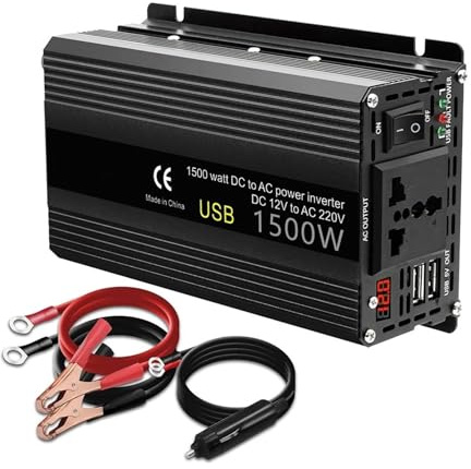 Convertisseur Convertisseur Puissance pour Voiture 12 V CC vers 220 V CA 1500 W Prise USB Universelle Affichage LED Transformateur Solaire Onduleur(1500W 12V Black)