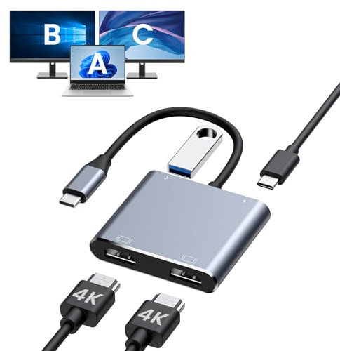 BAOZEE USB-C zu Dual-HDMI-Adapter, 4K@60Hz HDMI-Splitter für Dual-Monitore, Erweiterte Anzeige, 100 W PD-Ladung, USB-A-Port, Windows unterstützt Multi-Monitor mit 3 Bildschirmen