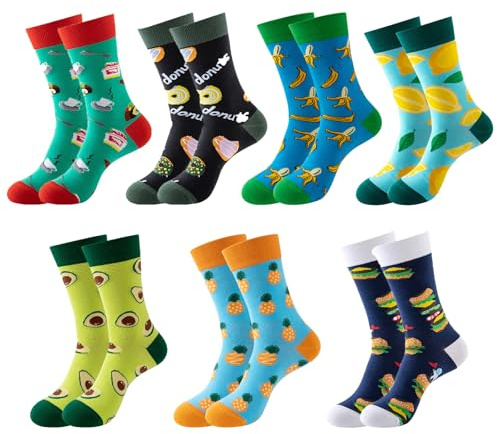 VEGCOO 7 Pares Calcetines Divertidos Hombre Mujer, Calcetines Coloridos Novedosos para Hombre, Calcetine Divertidos de Algodón Alto Casual, Regalo para Hombres Papá Novio