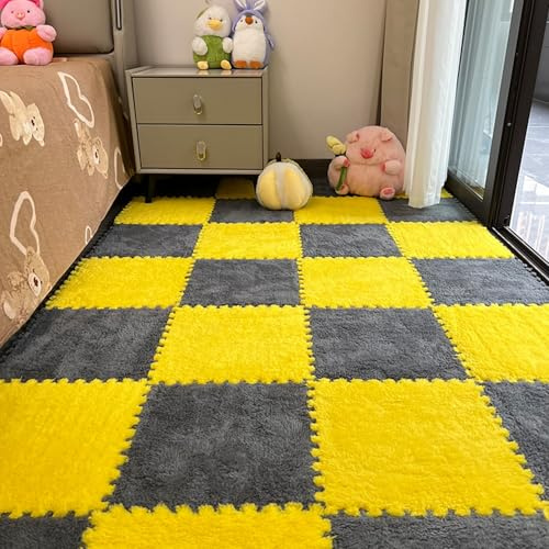 Xiyocadt 10 Stück Puzzleteppich Flauschig, 30x30 cm Puzzle Teppich Matte, Anti-Rutsch Schaumstoff-Bodenmatten für Schlafzimmer, Wohnzimmer (Grau+Gelb,30x30x1 cm)