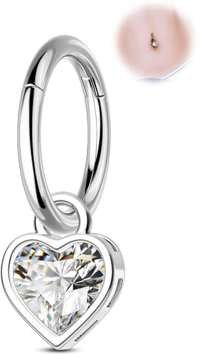 OUFER 14G Piercing Nombril en Acier Chirurgical 316L avec Segment Articulé Pendentif Anneau de Nombril en Forme de Cœur CZ Argent Piercing au Nombril Bijoux pour Femme 8 mm