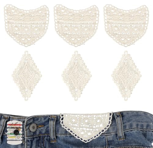 6pcs Pant Waist Extenders, Cotton Lace Waist Extenders with Sewing Kit | Soft & Stylish Waistband Extender for Jeans Pants Shorts Skirts (2 Styles)