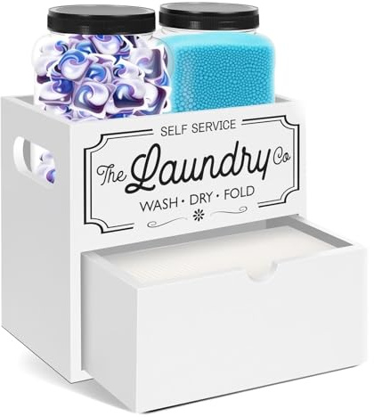 Boîte de Rangement pour Dosettes de Linge, Récipient à Linge en Bois avec Tiroir pour Dosettes de Linge avec 2 Pots en Plastique, pour Boules de Sèche-Linge, épingles à Linge (Blanc)