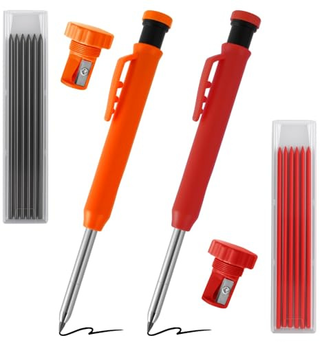 2 matite da falegnameria (arancione e rosso) con mine di ricambio (nero e rosso) 2,8 mm – Pennarello per fori con taglierina incorporata – Set di matite da falegname per fori profondi con custodia