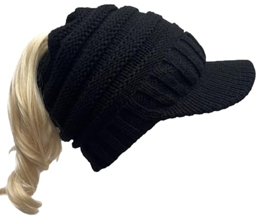 Hidden Ponytail Knit Hat, Slouchy Beanie With Visor, For Women