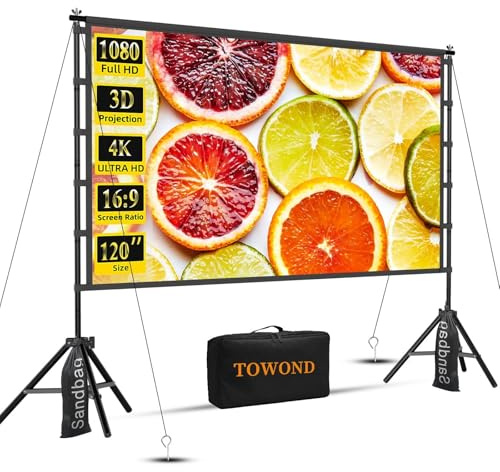 TOWOND 120 Inch Projector Screen with Stand, Foldable Portable 16:9 HD Outdoor Projector Screen for Home Cinema and Garden, Front and Rear Projection, Washable Wrinkle-Free Polyester with Carry Bag
