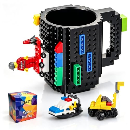 MA3TY Build-On Brick Mug, DIY Creative Coffee Mugs Birthday Present, Novelty Christmas Santa Gifts for Women Men, Mother, Father's Day, Thanksgiving, New Year with 3 Bags Accessories (Black)