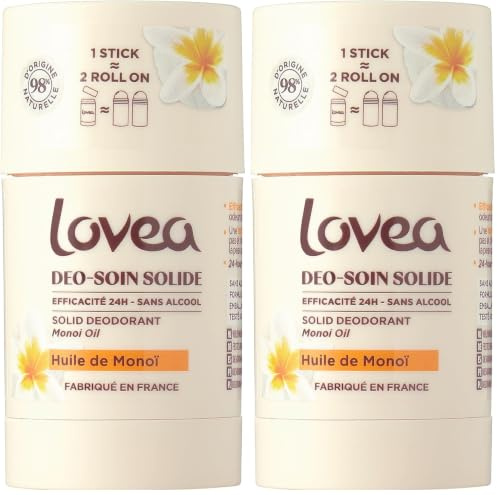 LOVEA - Déo-Soin Solide - Déodorant - Huile de Monoï - Efficacité 24h - 98% d'Origine Naturelle - Sans Alcool - Vegan - Fabriqué en France - 50 g