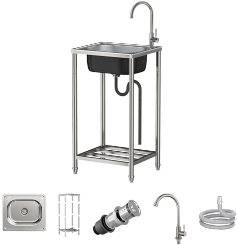 Lavello in Acciaio Inox Autoportante, Lavandino da Esterno con Rubinetto Lavandino Commerciale Lavelli Autoportante Lavello di Utilità Lavabo Cucina Lavamani Industriale Per Garage 38X33cm