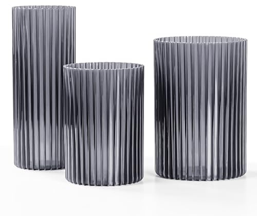 KONZEPT Vasen 3er Set Rauchgrau – Moderne Blumenvase, Bruchsichere Kunststoff-Zylindervasen für Blumenarrangements, Hochzeits-Mittelstücke, Heimwerken (12,3x17,8/10,3x14,8/8,8x21,7 cm)