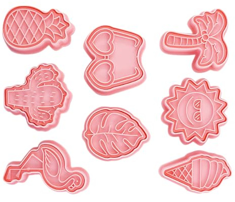 Milisten 8 Moules à Biscuits en Plastique pour Maison, Thème Plage D'été Flamant Rose et Feuilles de Palmier, Kit 8 Pièces Décoratif, Antiadhésif et Résistant, Pâtisserie et Biscuits Faits